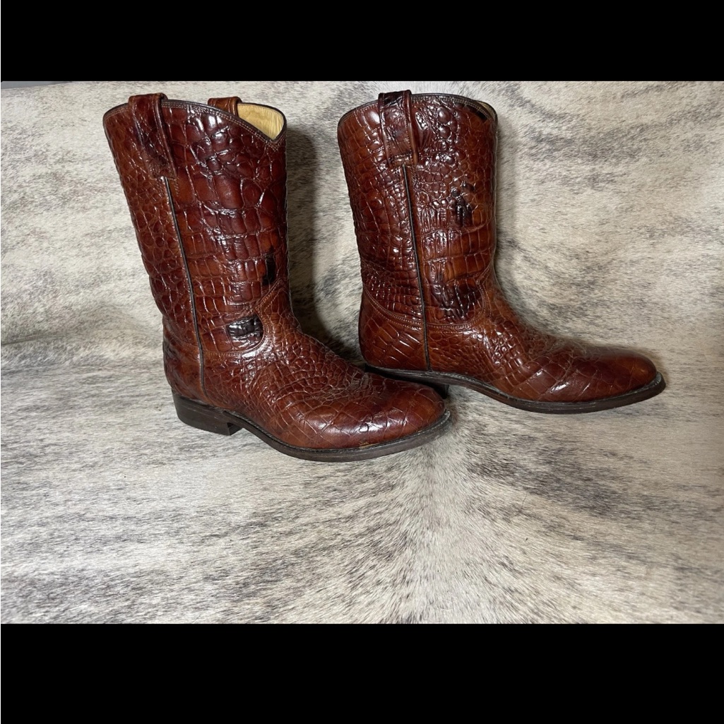 Genuine Leather Crocodile Pattern Brown Boots